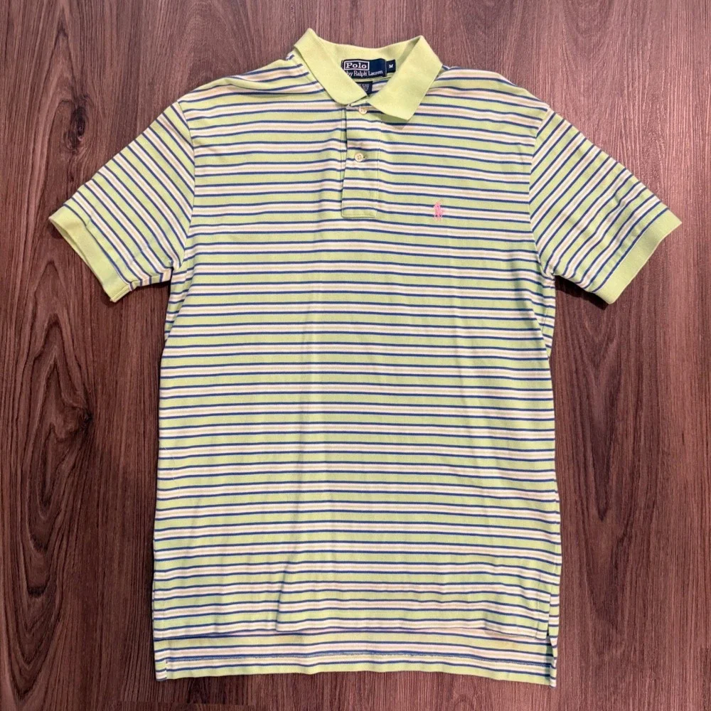 Polo Ralph Lauren Mens Medium Lime Green Blue Striped Short Sleeve Polo Shirt